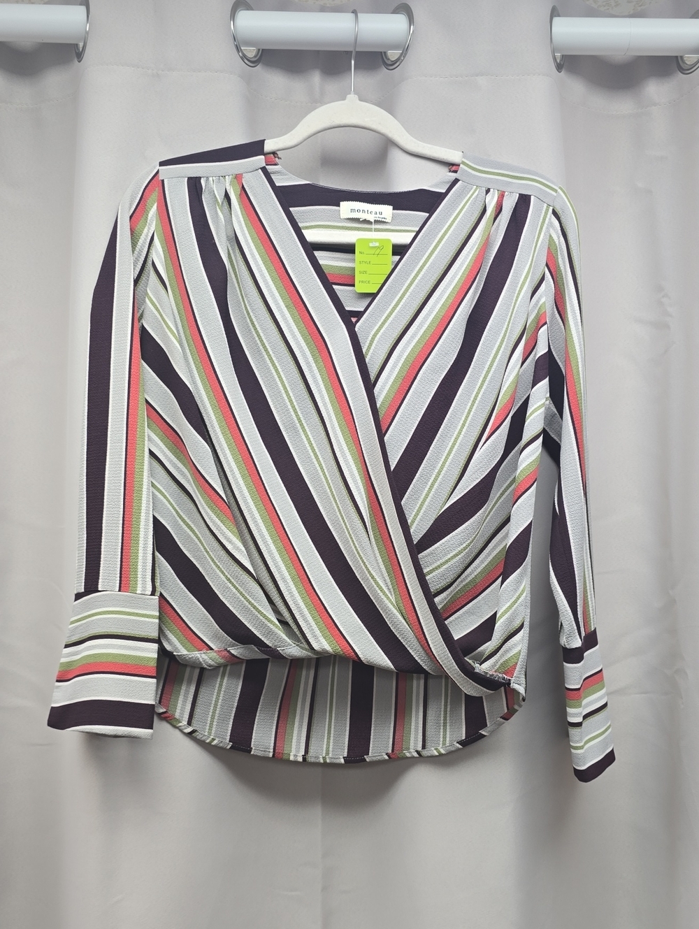 Monteau Striped Surplice Long-Sleeve Top in Multicolor